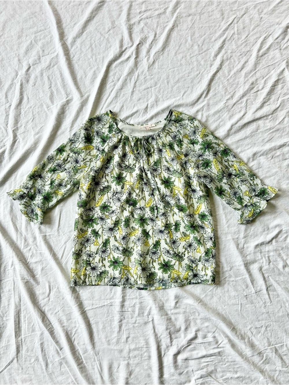 Skies Are Blue Flower Print 3/4 Sleeve Swiss Dot Peasant Style Blouse